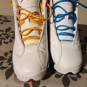 Jordan Kids White Sneakers with Yellow and Blue Laces